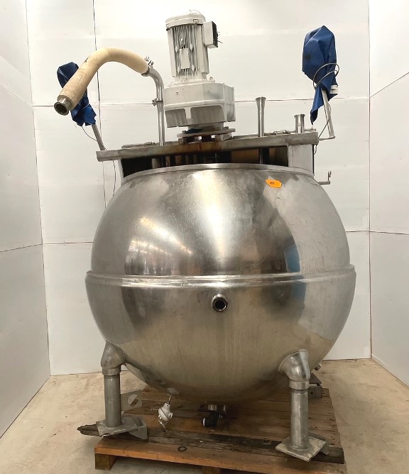 (2) Used 500 Gallon Groen Jacketed Mix Kettle with Inclined Sweep Scrape agitation and baffle. Model INA-500.  Jacket rated 100 PSI @ 338 Deg.G. Inclined Mixer driven by 5 HP, 230/460 volt, 1758 RPM SEW-Euro drive into gear reducer, 26 RPM final output. 3